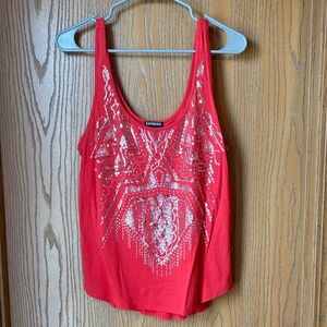 Express Red Tank Top with Silver Sequin Geometric Design